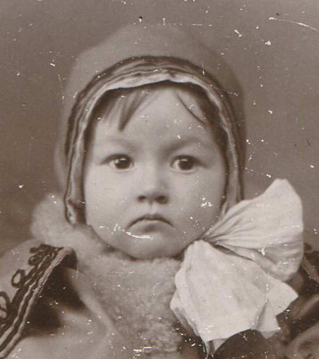 YOUNG GIRL IN BABY YODA PROTOTYPE OUTER WEAR. CABINET CARD, ALLEGHENY CITY, PA.