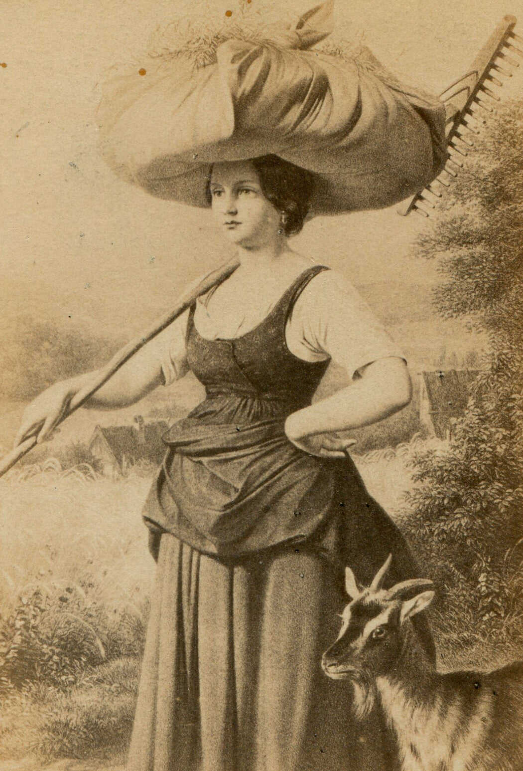 REAPER GIRL WITH GOAT. CDV OF PAINTING. BERLIN, GERMANY.