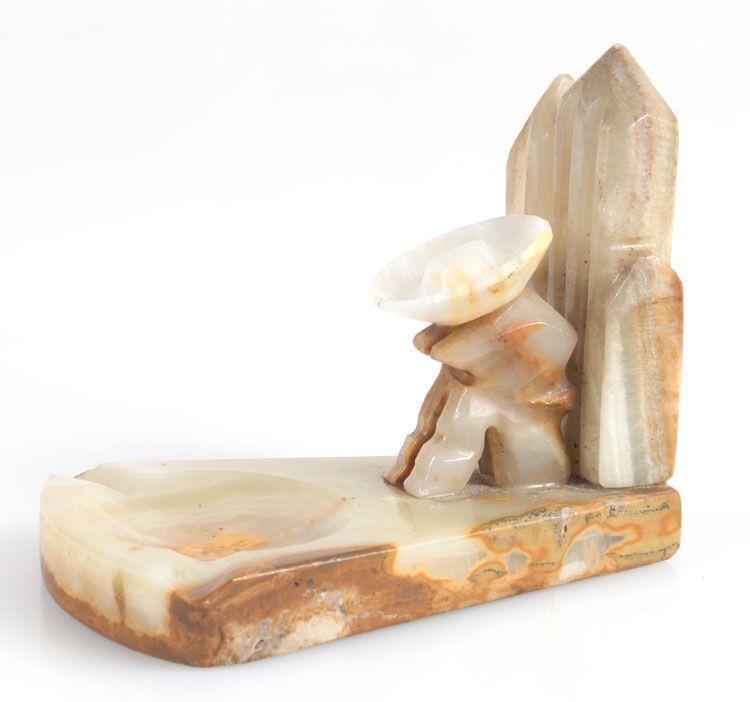 Vintage Stone Ashtray with Cactus and Sombrero-Wearing Man - Mexican Folk Art Decor