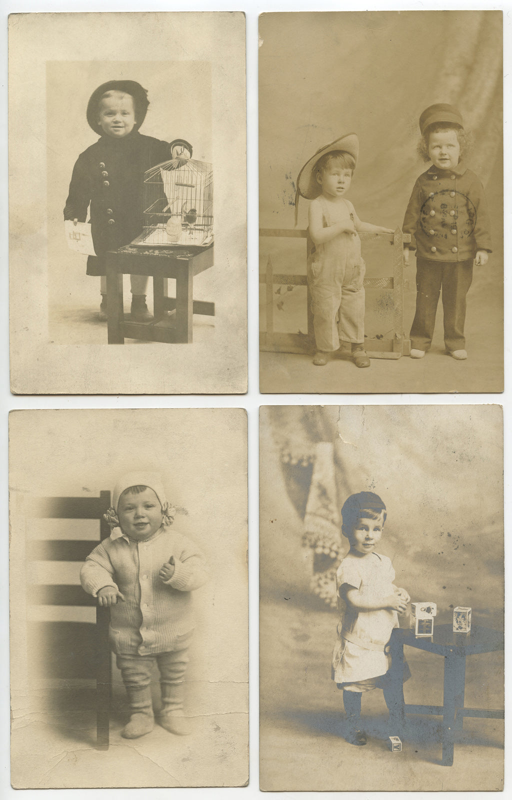 CUTE KIDS LOT OF 5 PHOTOS, VINT PULL CART/TRICYCLE, CAGED BIRD, GREAT OUTFITS