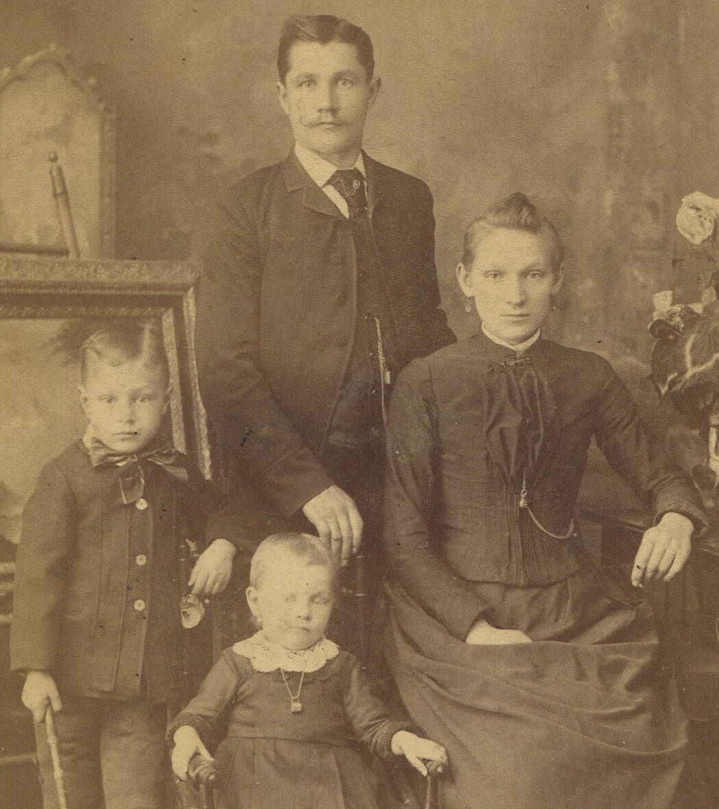 Rare Vintage Cabinet Card Photo: Family Portrait of Parents, Son with Walking Stick & Daughter in Chair, Chicago Studio