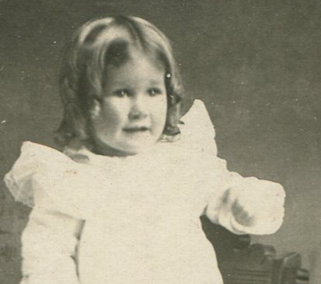 YOUNG GIRL, RINGLET CURLS, LOOKS READY TO CRY. SILVER PRINT. McMINNVILLE, OHIO.