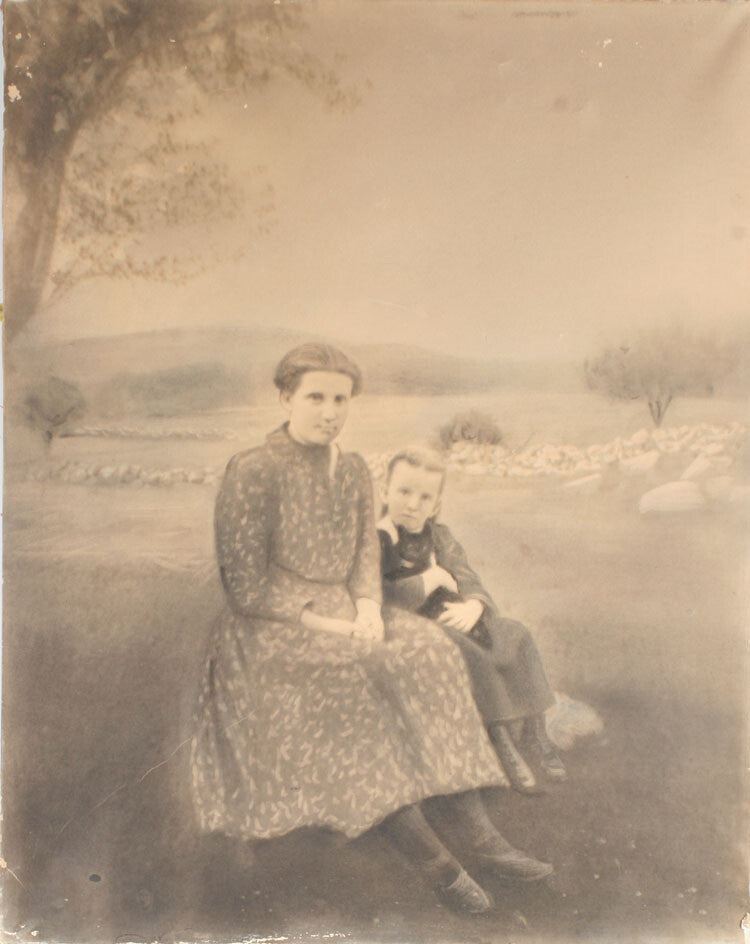 VINTAGE SALT PRINT PHOTO. MOTHER, DAUGHTER AND CAT, PASTORAL SETTING.