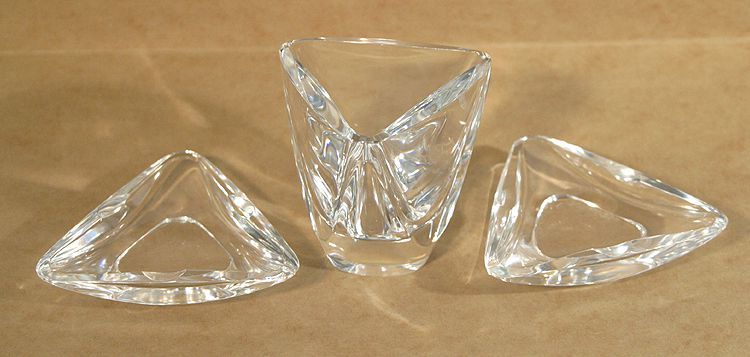 TWO ASHTRAYS AND MATCH HOLDER, SIGNED ON BOTTOM, LEADED GLASS, GROUP OF 3
