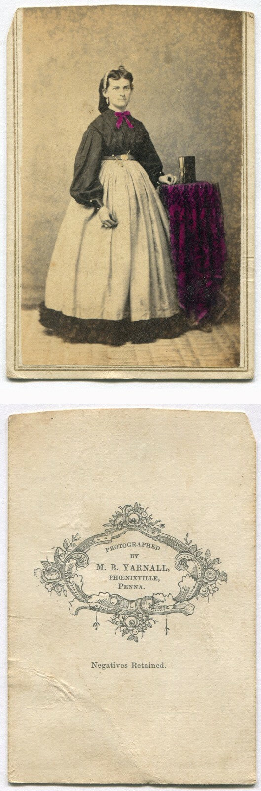 WOMAN W/TINTED BOW TIE, STANDING POSE W/BOOK. CDV. PHOENIXVILLE,PA.