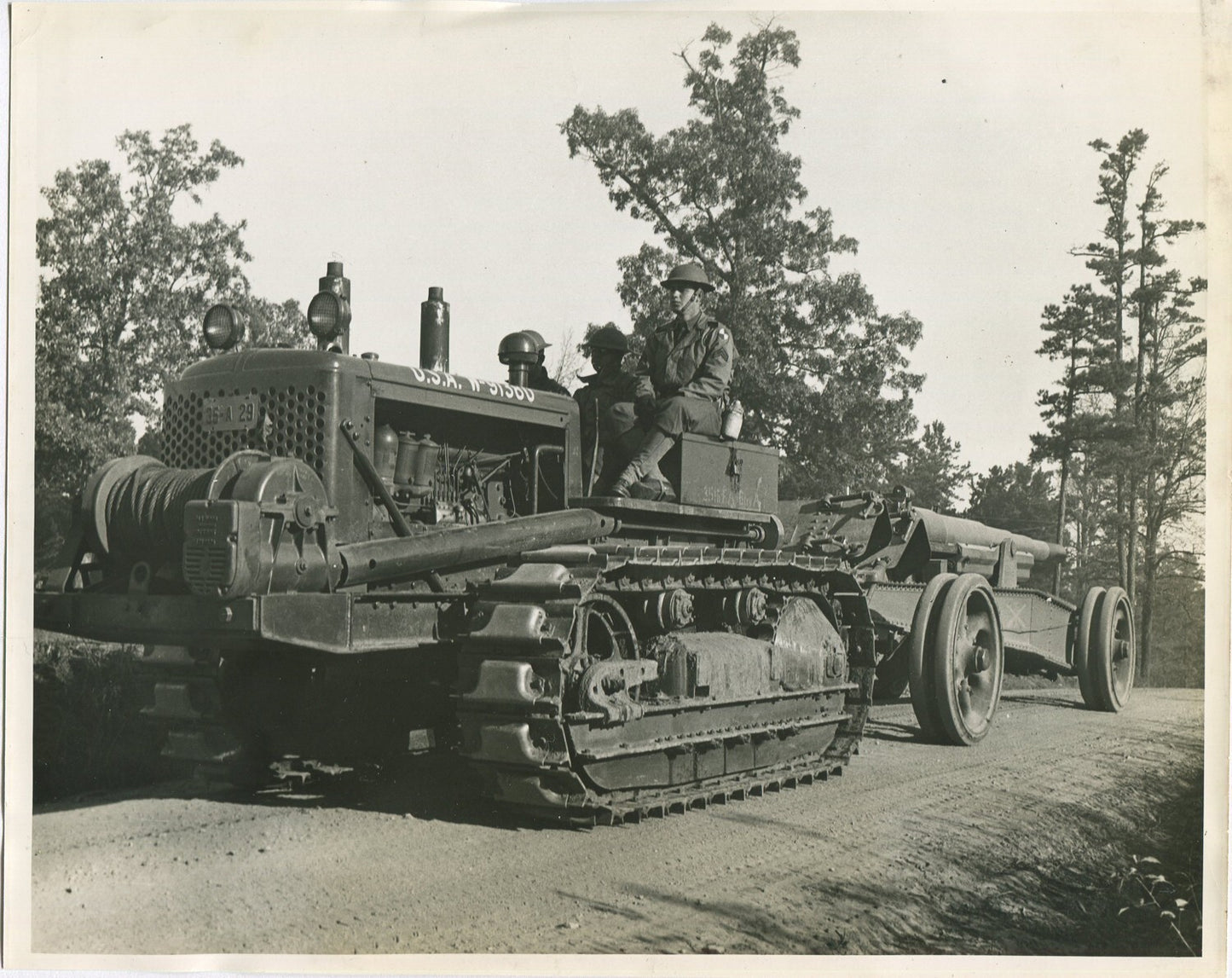 U.S. 4TH ARMY MANEUVERS. 10 TON TRACTOR PULLING 155mm GUN. WWII. (8X10 REPRINT)