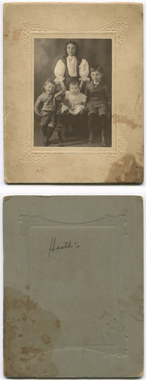 Vintage B&W Photo: Mother with 3 Children, 3.75 x 2.75 Image on 6.25 x 5 Card, Original Ephemera Collectible