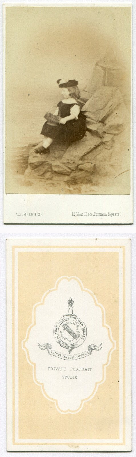 YOUNG GIRL POSED IN STUDIO SETTING/SITTING ON ROCKY BEACH. VERY UNIQUE. CDV.