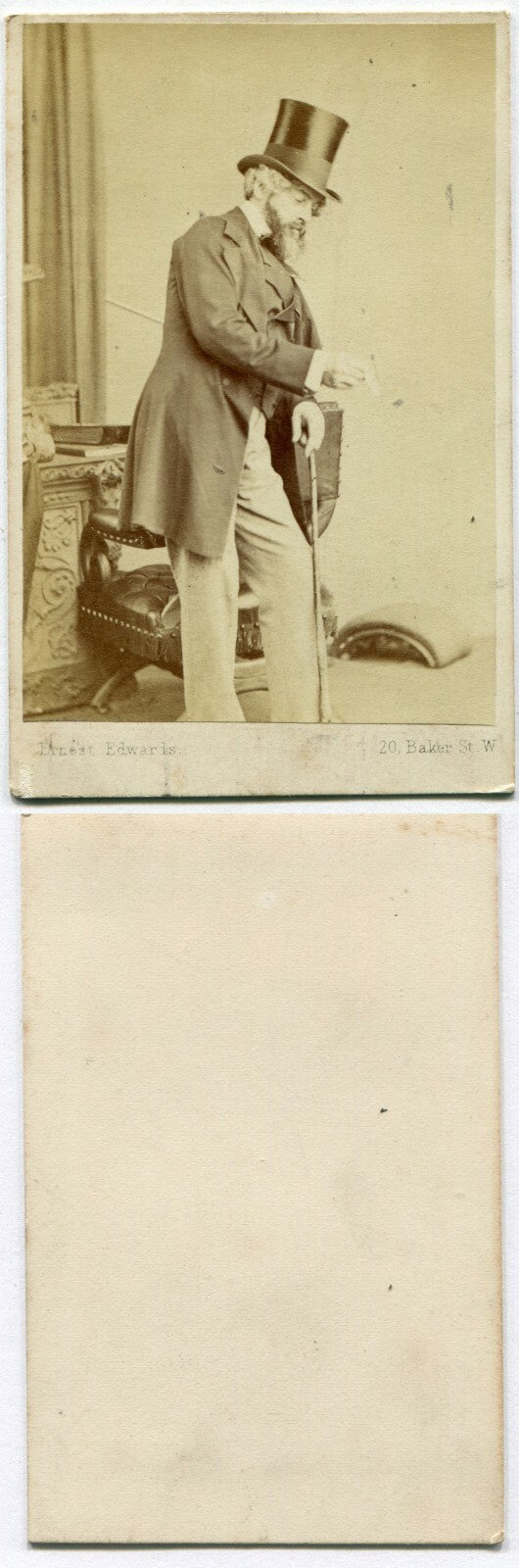 BEARDED MAN IN TOP HAT/WALKING KANE, THEATRICAL POSE. CDV.