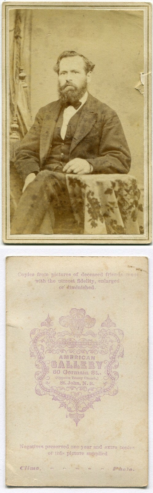 GRIMM MAN, FULL BEARD, SEATED POSITION. CDV. ST. JOHN, NEW BRUNSWICK, CANADA.