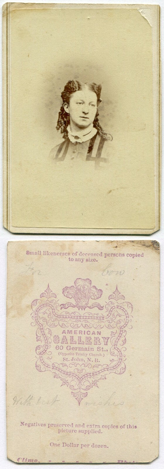 WOMAN W/HAIRSTYLE TO COVER HER HORNS. CDV. ST. JOHN, NEW BRUNSWICK, CANADA.