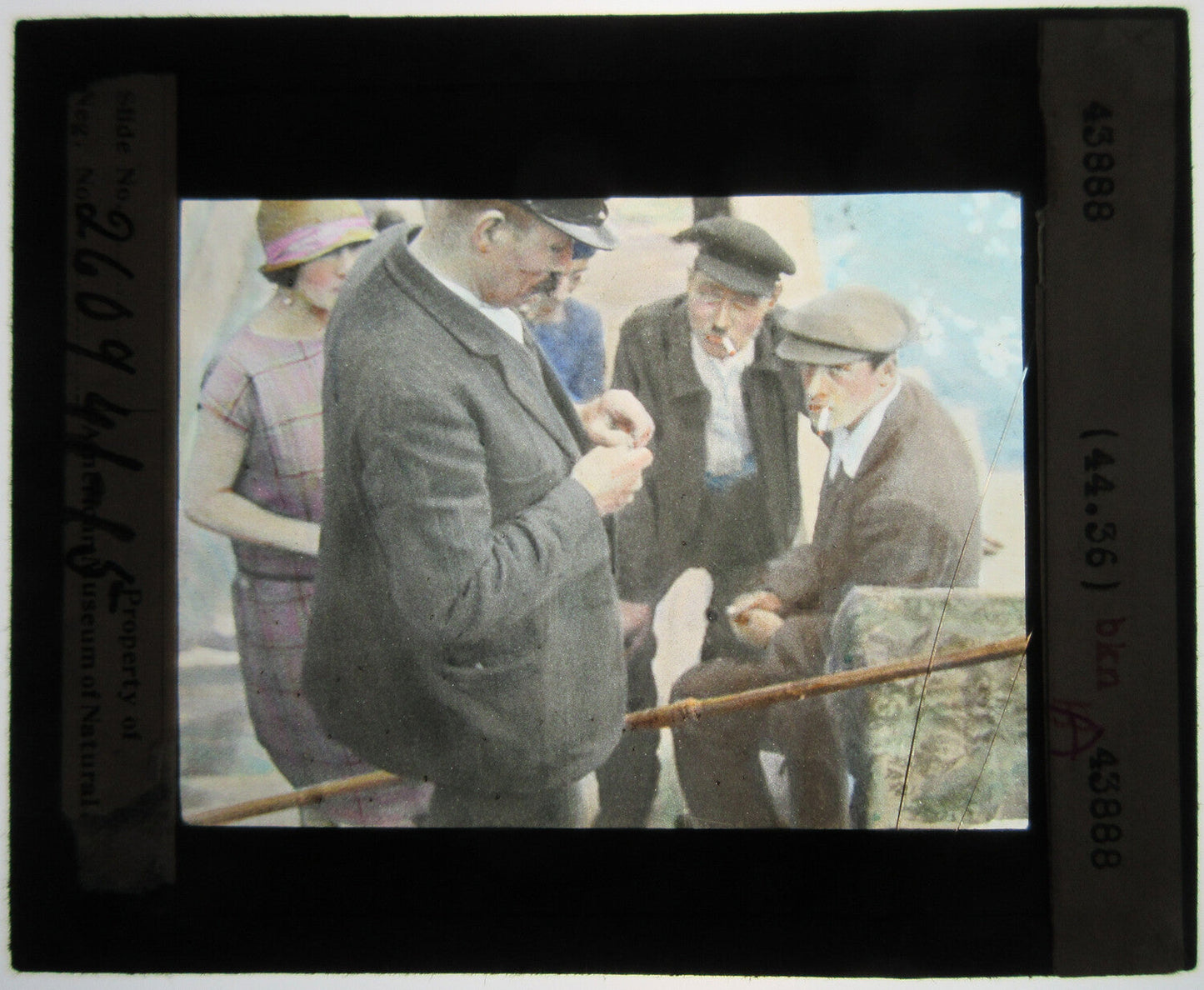Vintage Seine River Fishing Man Smoking | Tinted Lantern Slide, Magic Lantern Photo 3.25 x 3.5 in