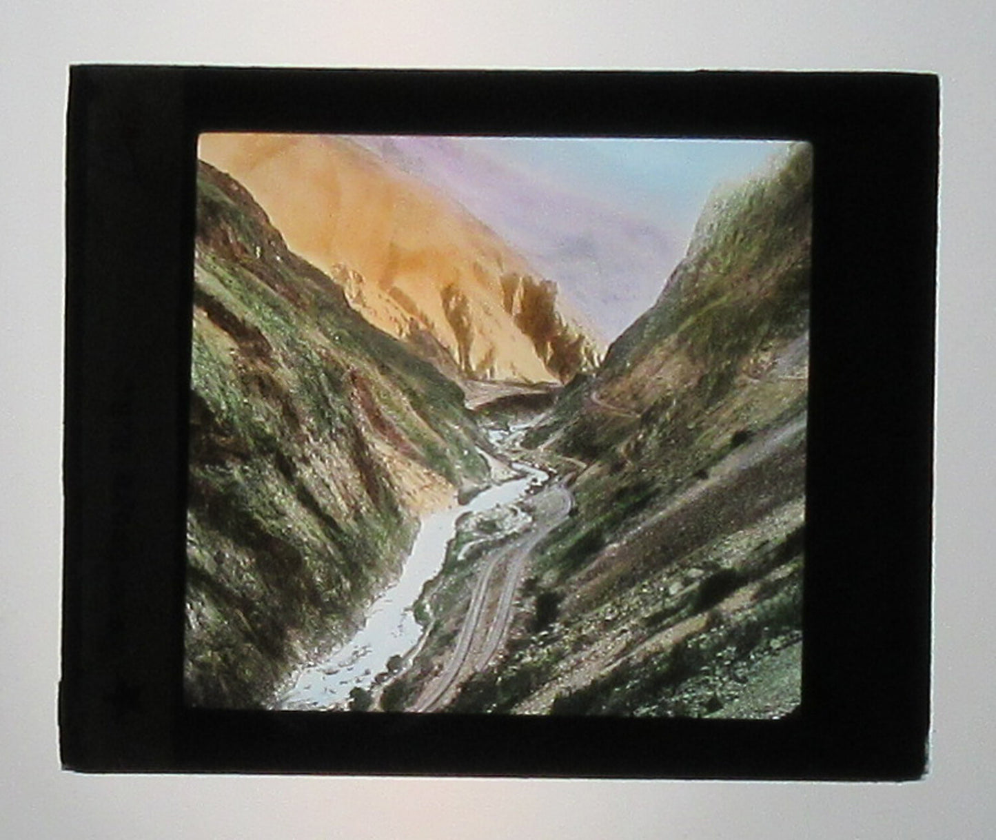 Vintage Hand-Colored Glass Lantern Slide, Peru-Oroyo R.R. Deep Valley, 3.25x4 in, Original Photo