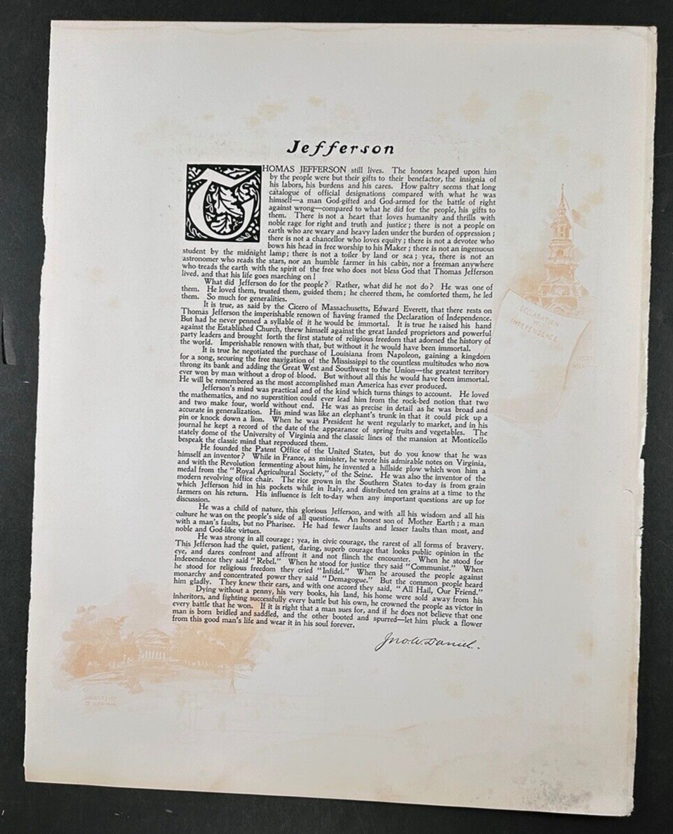 Vintage Photogravure: Official White House Gallery Thomas Jefferson Portrait, 3-Page Dedication Text, 10x12 on 16x20