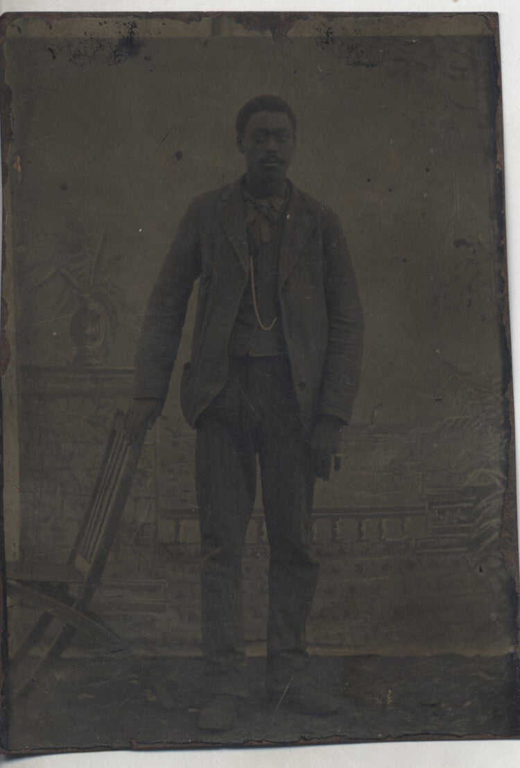 TINTYPE PORTRAIT OF YOUNG AFRICAN-AMERICAN MAN W/ POCKET WATCH
