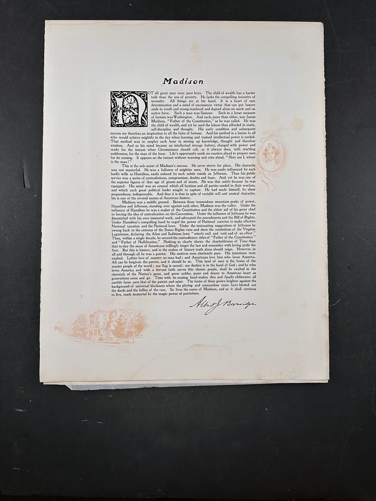 Vintage Photogravure of James Madison - White House Gallery, 10x12 Print on 16x20 Heavy-Stock, Beveridge Dedication