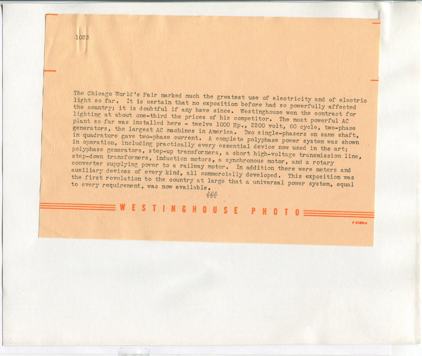 WESTINGHOUSE WORLDS FAIR EXHIBIT, ALTERNATOR. 8X10 SILVER PRINT.