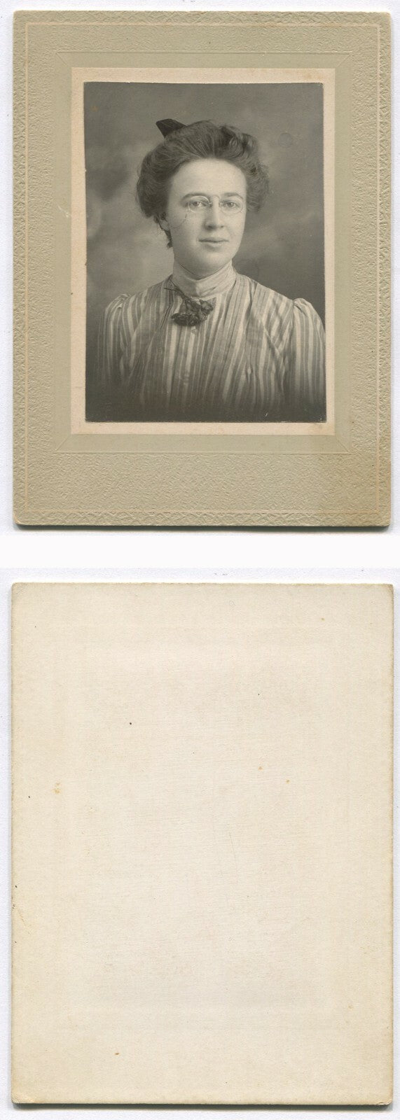 WOMAN,EYE GLASSES AND STRIPED DRESS. 1900s.4X3 INCHES.