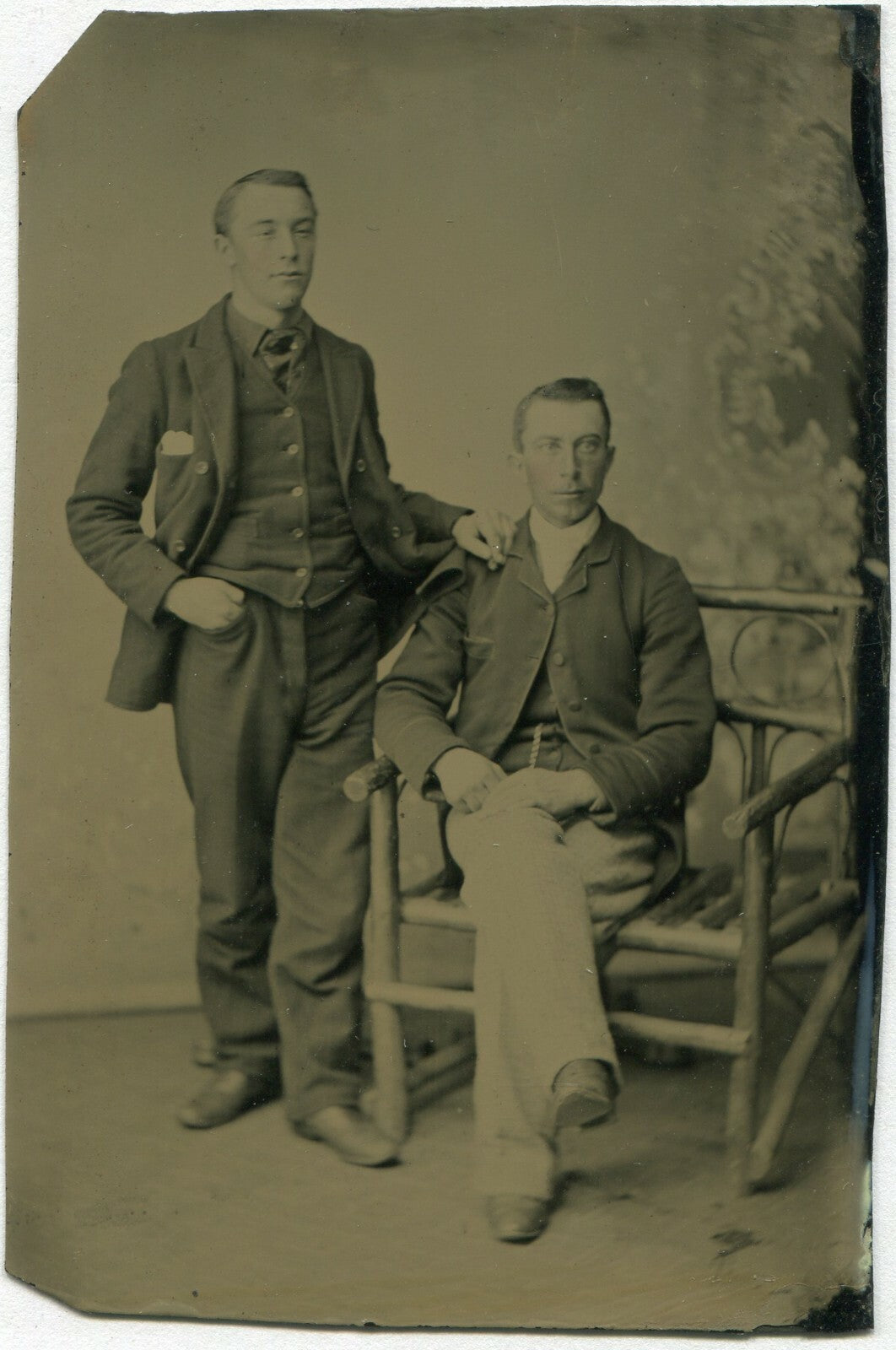 Vintage Tintype Photo - Original Affectionate Pose: Man on Rustic Bench, Tinted, 3.75x2.5 in