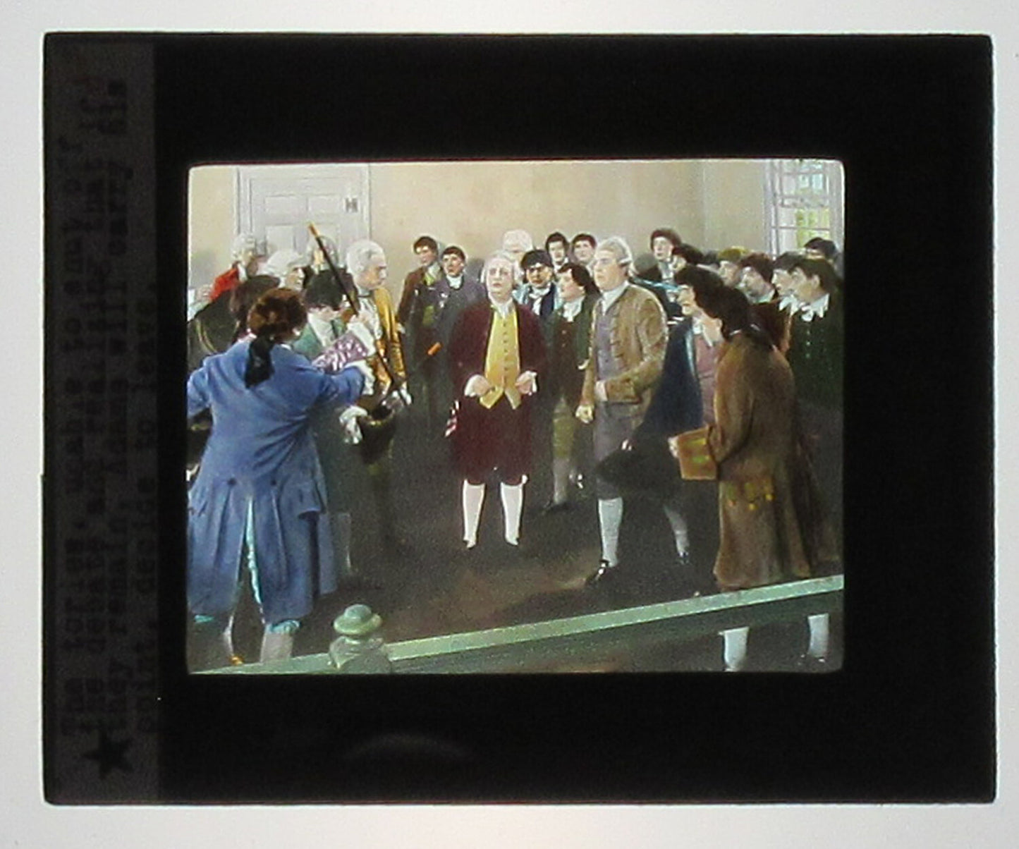 ACTORS PORTRAY ADAMS DEBATE W/TORIES. HAND COLORED PHOTO ON GLASS.