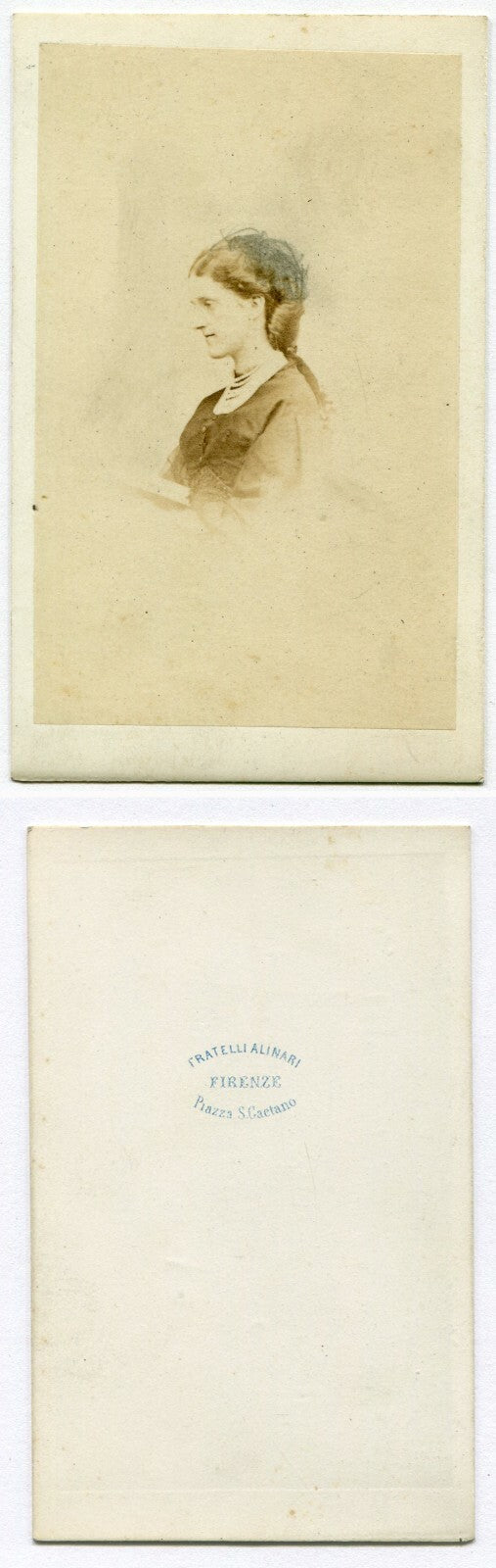 WOMAN, PROFILE POSE LACE COLLAR AND BEADED NECKLACE. CDV. ITALY.