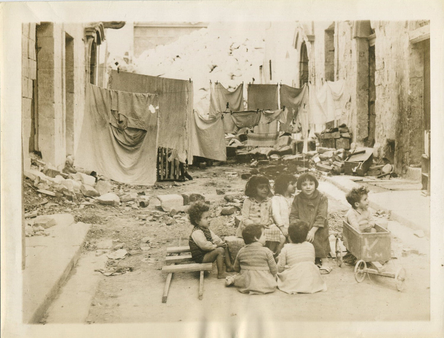 Vintage WWII Malta 8x10 Print - Children Playing in War-Torn Street,