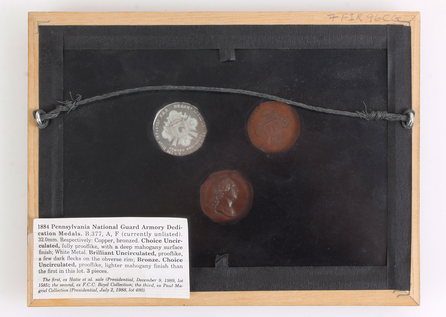 3 Pennsylvania National Guard Medals, 1884, Silver Bronze Copper, Archival Frame