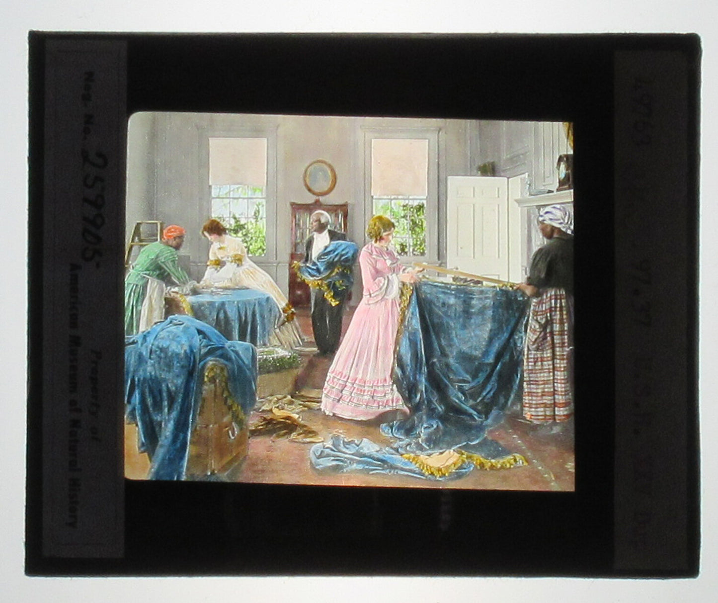 ACTORS PORTRAY DOMESTIC CIVIL WAR SCENE. HAND COLORED PHOTO ON GLASS.