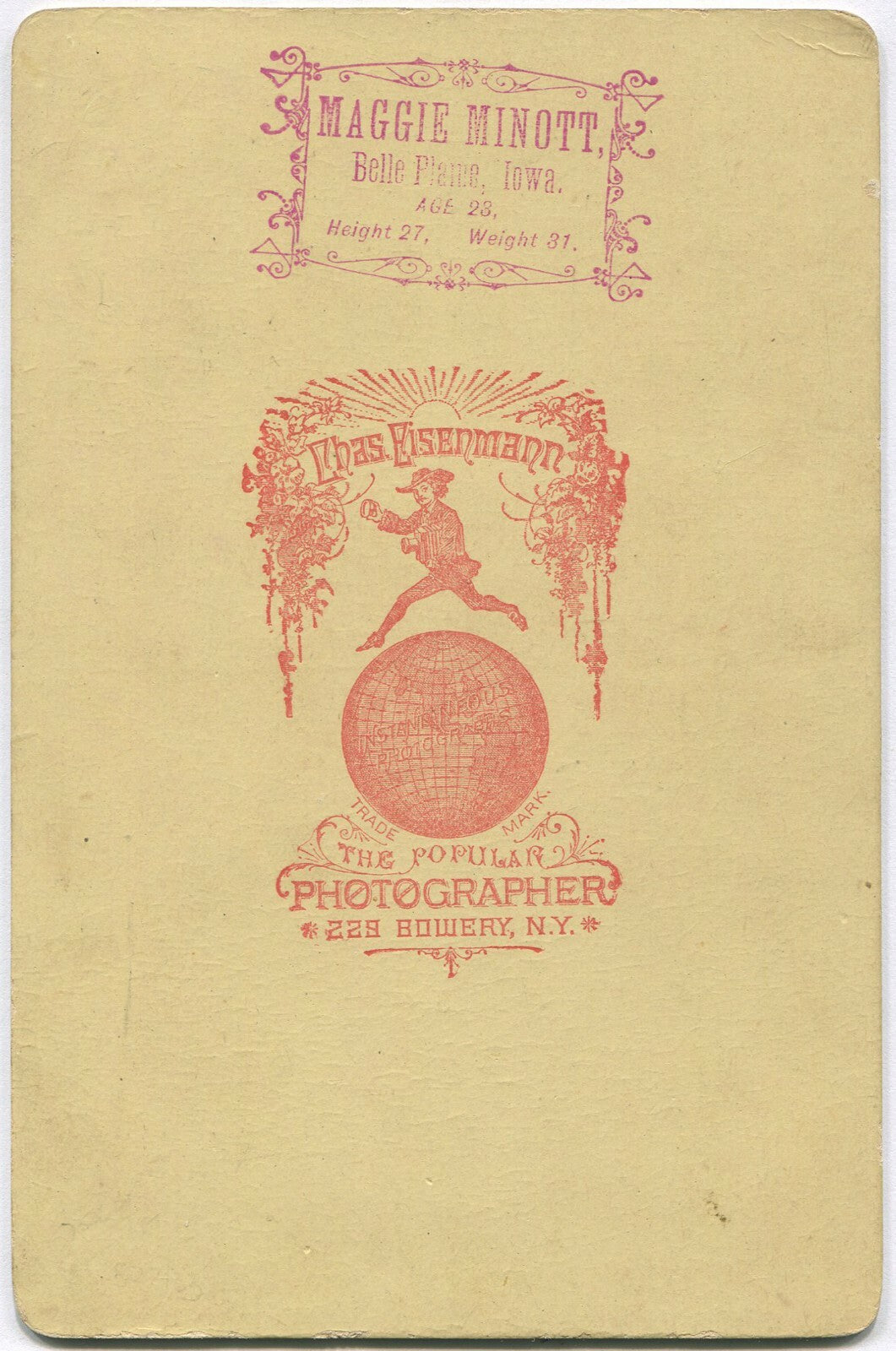 MAGGIE MINOTT, FAMOUS LITTLE PERSON, BARNUM, RINGLING PERFORMER. CABINET CARD.