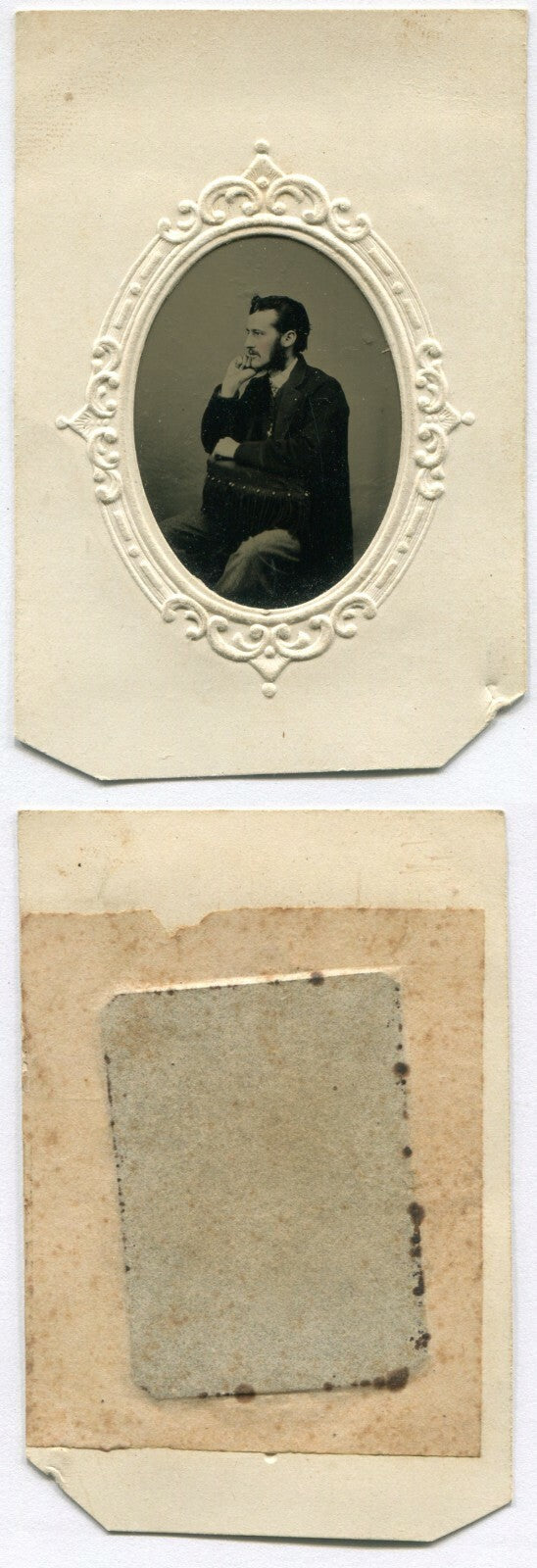 BEARDED MAN, HANDSOME. SEATED,PROFILE POSE. UNIQUE. TINTED TINTYPE.