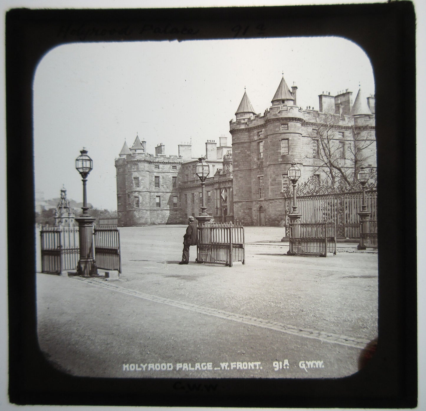Vintage Lantern Slide of Holyrood Palace, Edinburgh, Scotland - Original Glass Photo with Wear, 3.25x3.5 in