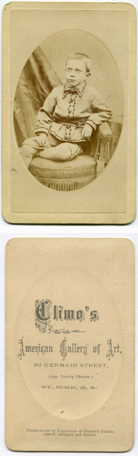 YOUNG BOY, ORNATELY TRIMMED OUTFIT. CDV. ST. JOHN, NEW BRUNSWICK, CANADA.