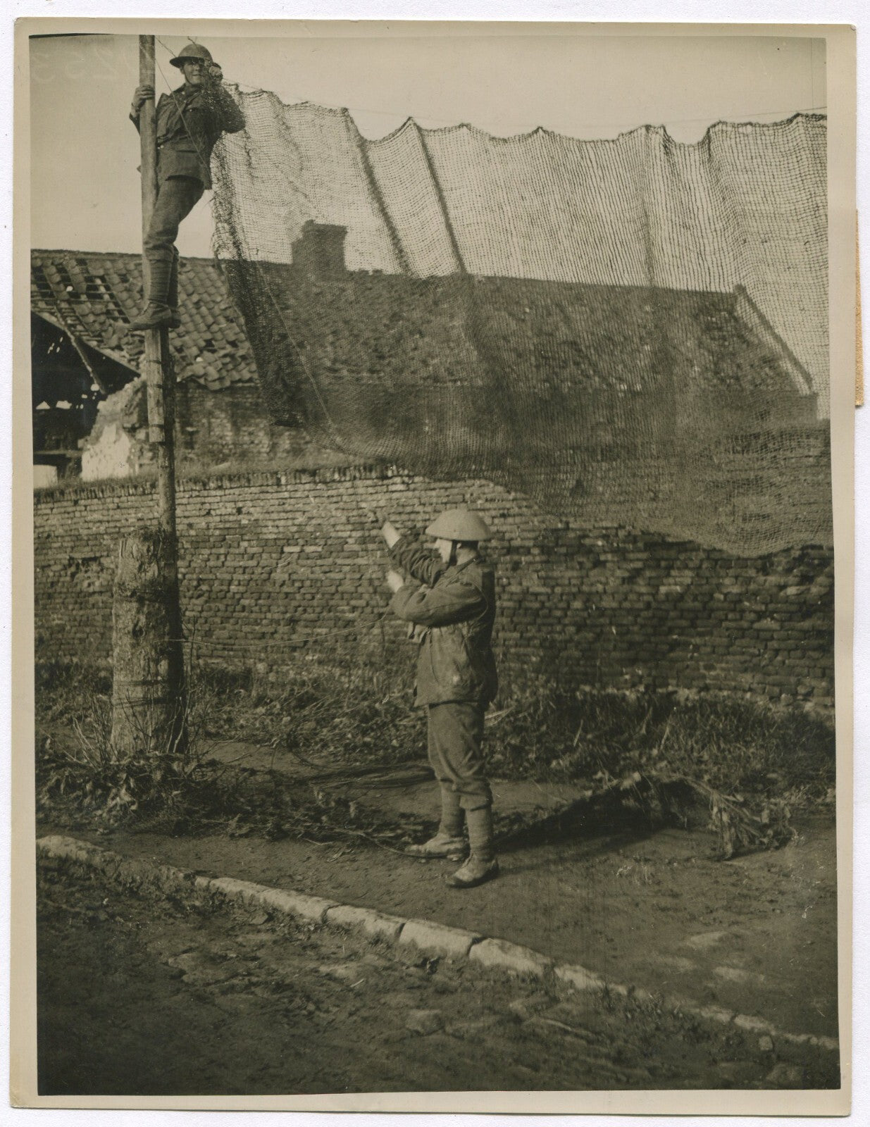 BRITISH TROOPS HANG CAMOUFLAGE ALONG ROAD. WWI. (8X10 REPRINT)