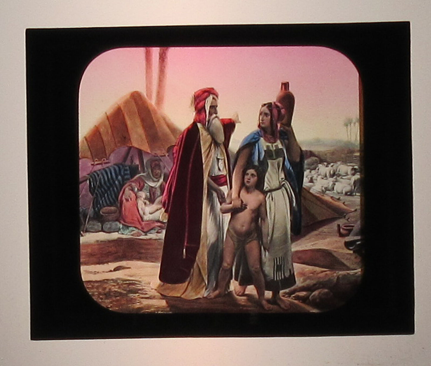 BIBLE SCENE, ABRAHAM AND HAGAR. ARTWORK. HAND COLORED PHOTO ON GLASS.