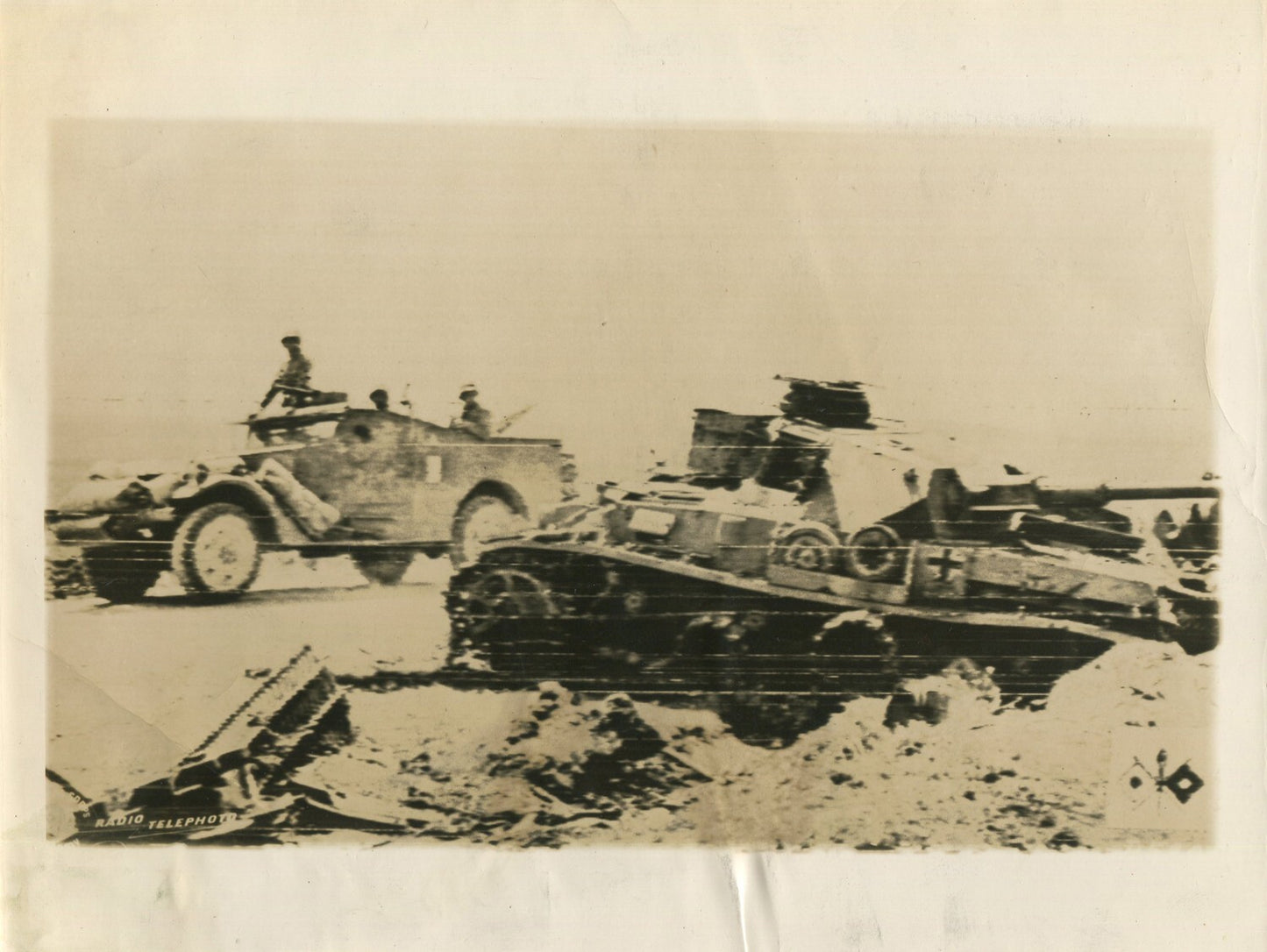 Vintage WWII 8x10 Photo Reprint - American Soldiers Speed Past Destroyed Nazi Mark IV Tank, Battlefield Scene