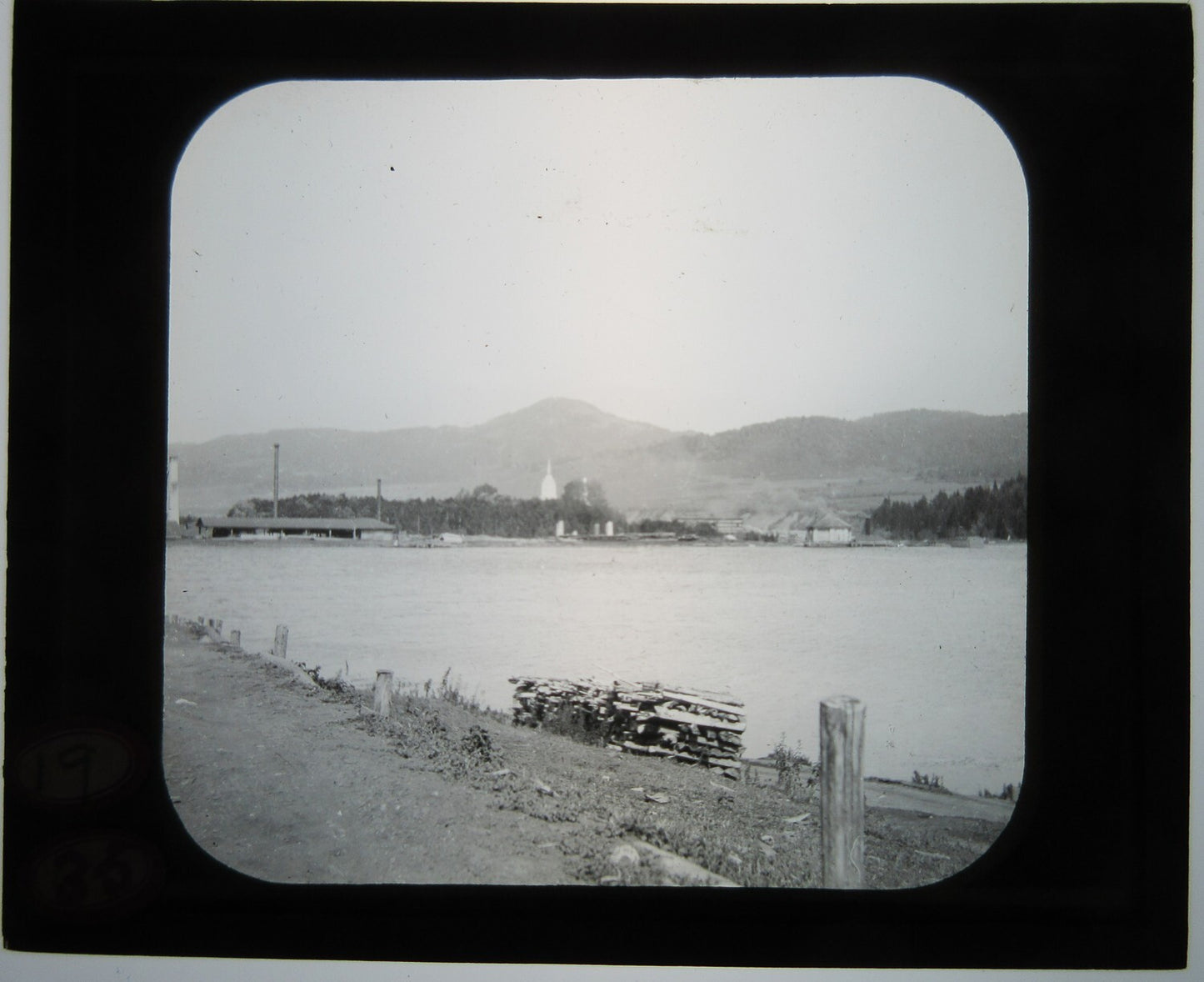 Vintage lantern slide: Mill Pond & Village on glass - original, authentic photo with wear, 3.25 x 3.5 in