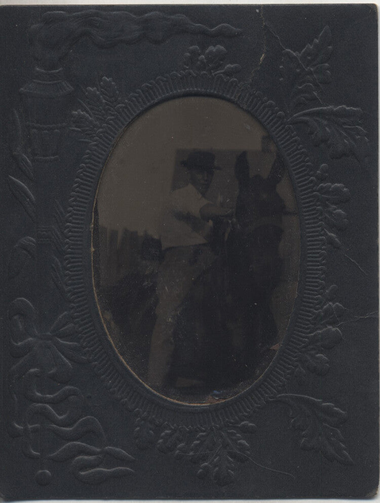 TINTYPE PORTRAIT OF YOUNG MAN IN HAT RIDING HORSE