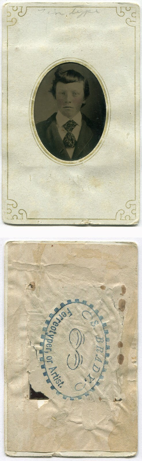 BOY W/WIDE TIE. TINTED TINTYPE, PERIOD PAPER MAT.