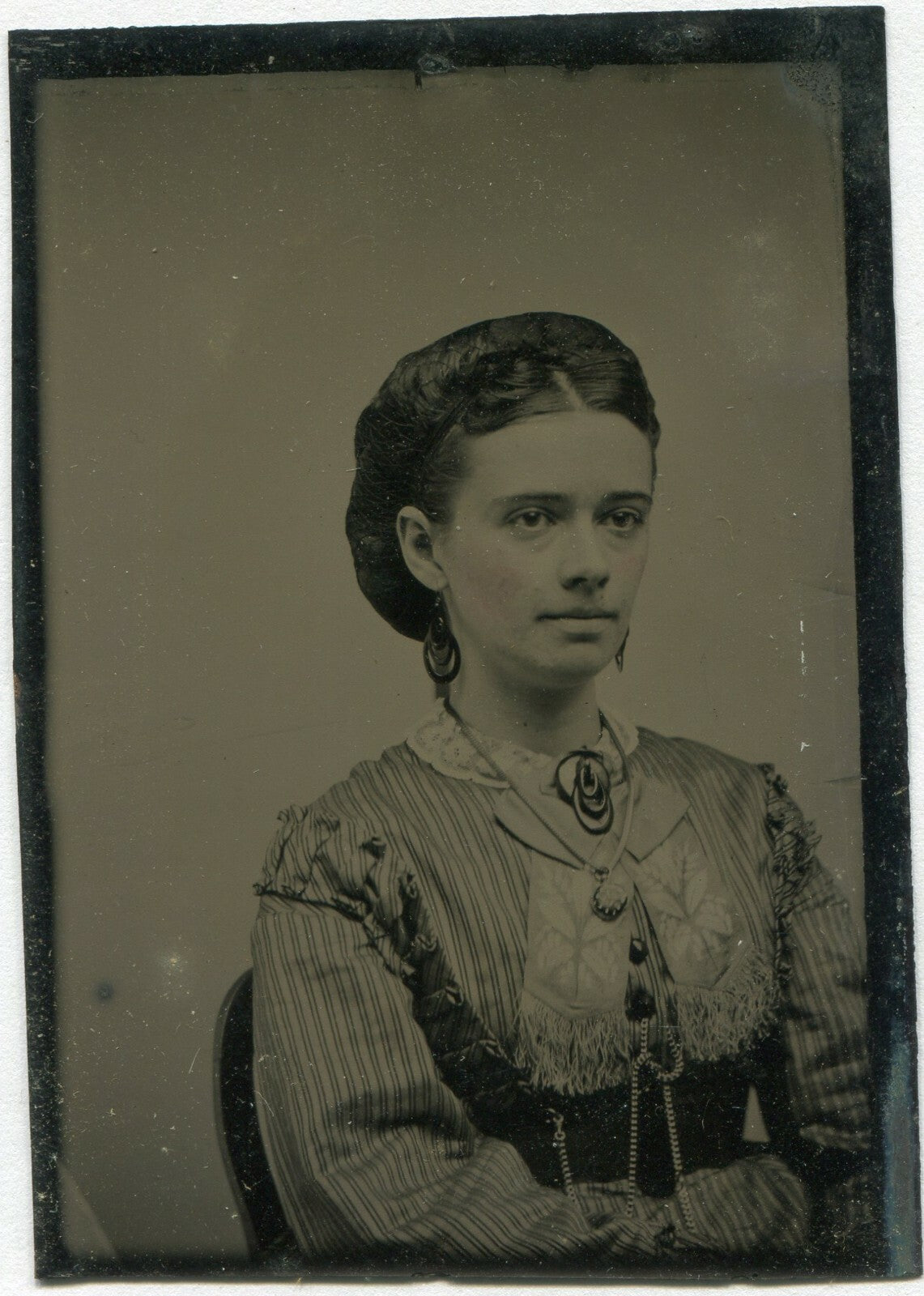 Vintage Tintype Portrait: Pretty Woman with Jewelry, Original 3.75x2.5in Photo