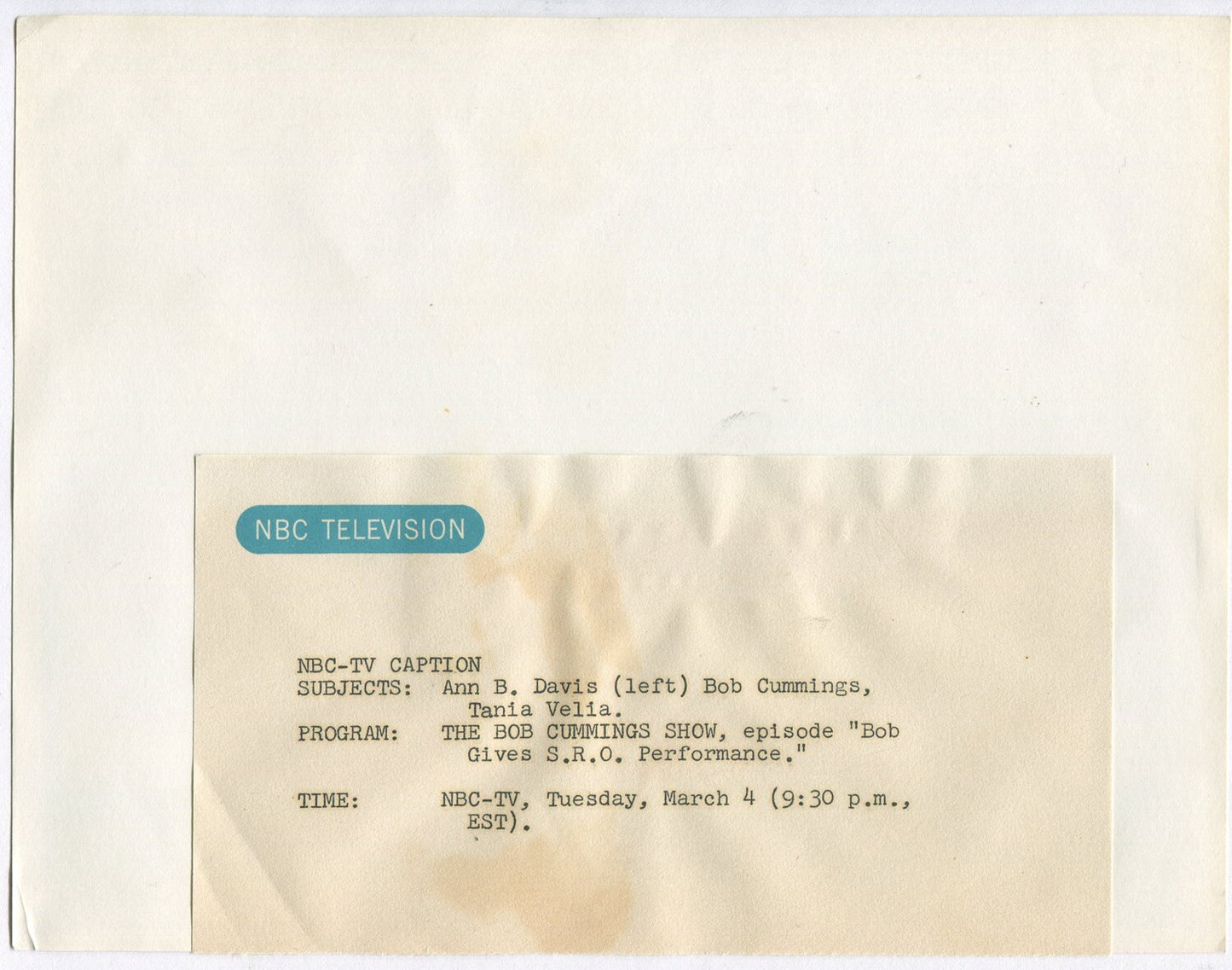 BOB CUMMINGS TV SHOW PUBLICITY PHOTO, 8X10 B&W.