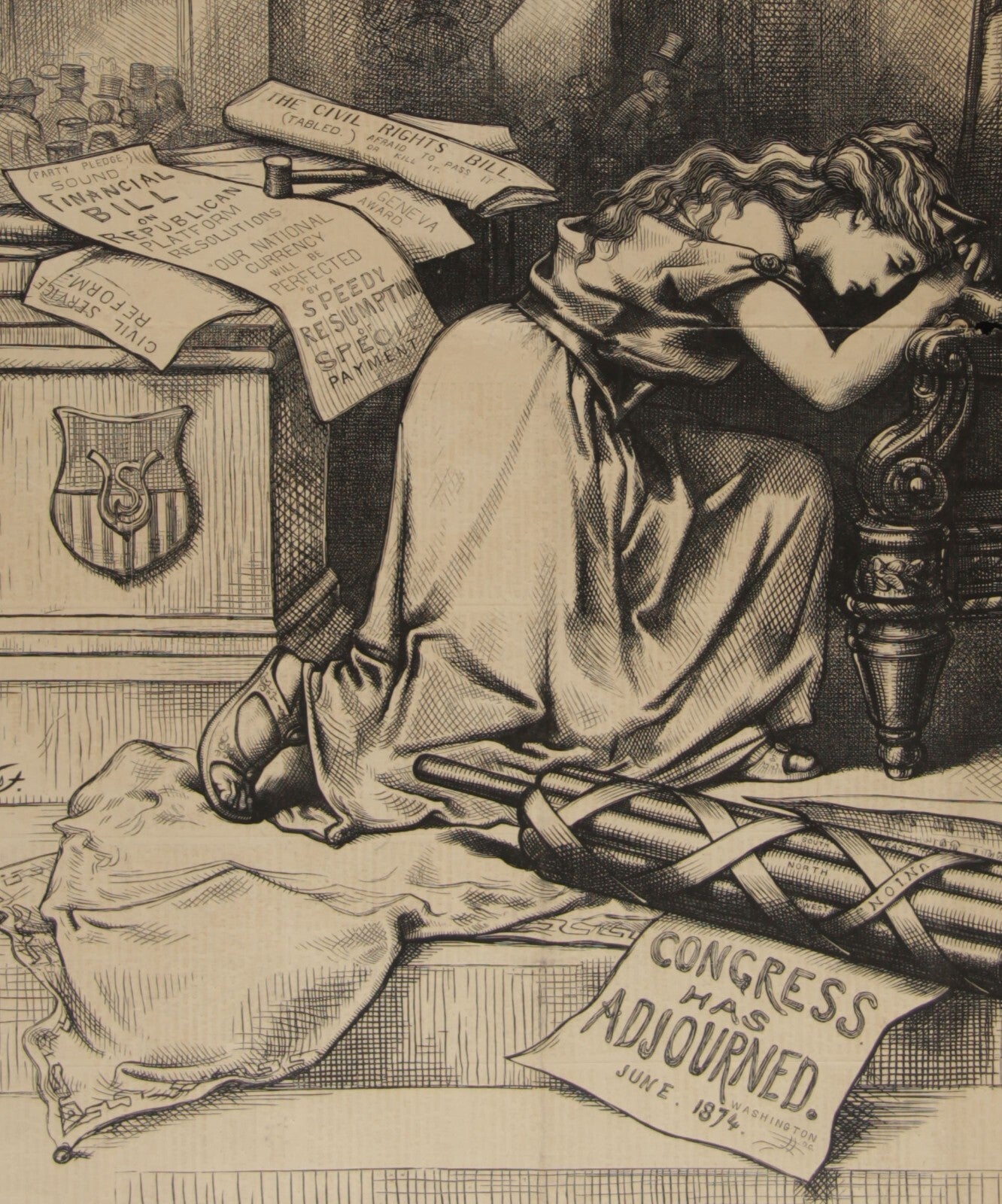 VINTAGE NEWSPRINT HARPERS WEEKLY CIVIL RIGHTS BILL TABLED JULY 4TH 1874 24X17"