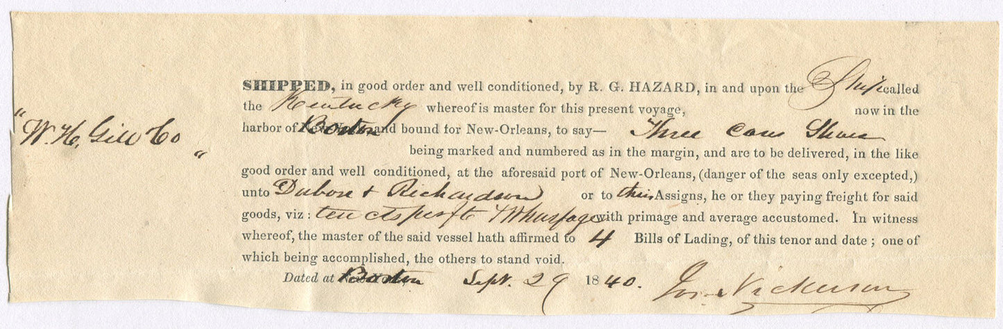 BILL OF LADING PURCHASE BY ROWLAND HAZARD, CLOTHING FOR ENSLAVED PEOPLE. 1840.