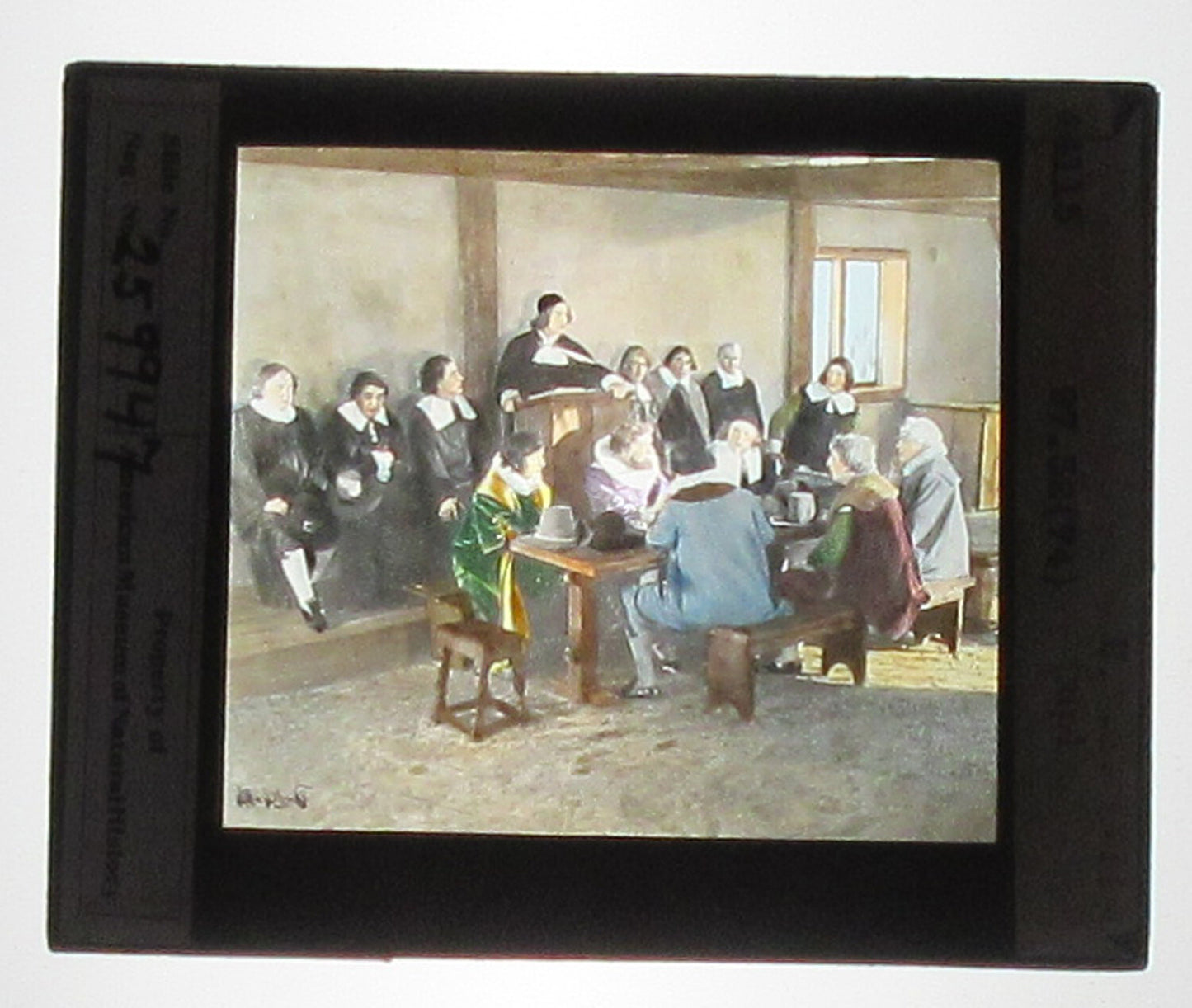 ACTORS PORTRAY PILGRIMS. HAND COLORED PHOTO ON GLASS. TINTED LANTERN SLIDE.