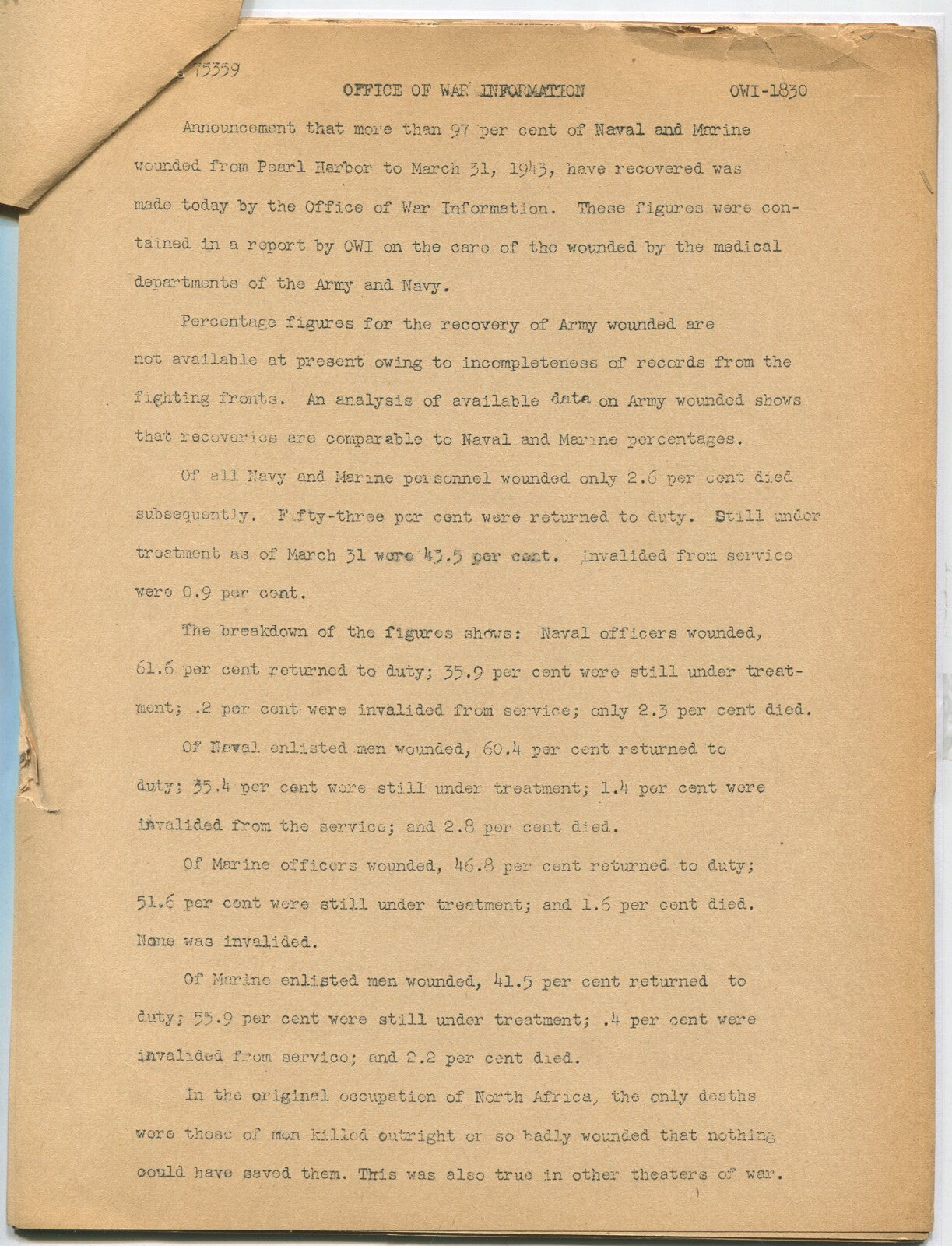 U.S. OFFICE OF WAR INFORMATION,1943. RECOVERY OF WAR WOUNDED.13 PAGES.