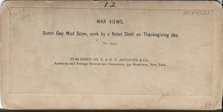 CIVIL WAR STEREOVIEW OF DUTCH GAP MUD SCOW SINKING FROM CONFEDERATE ATTACK