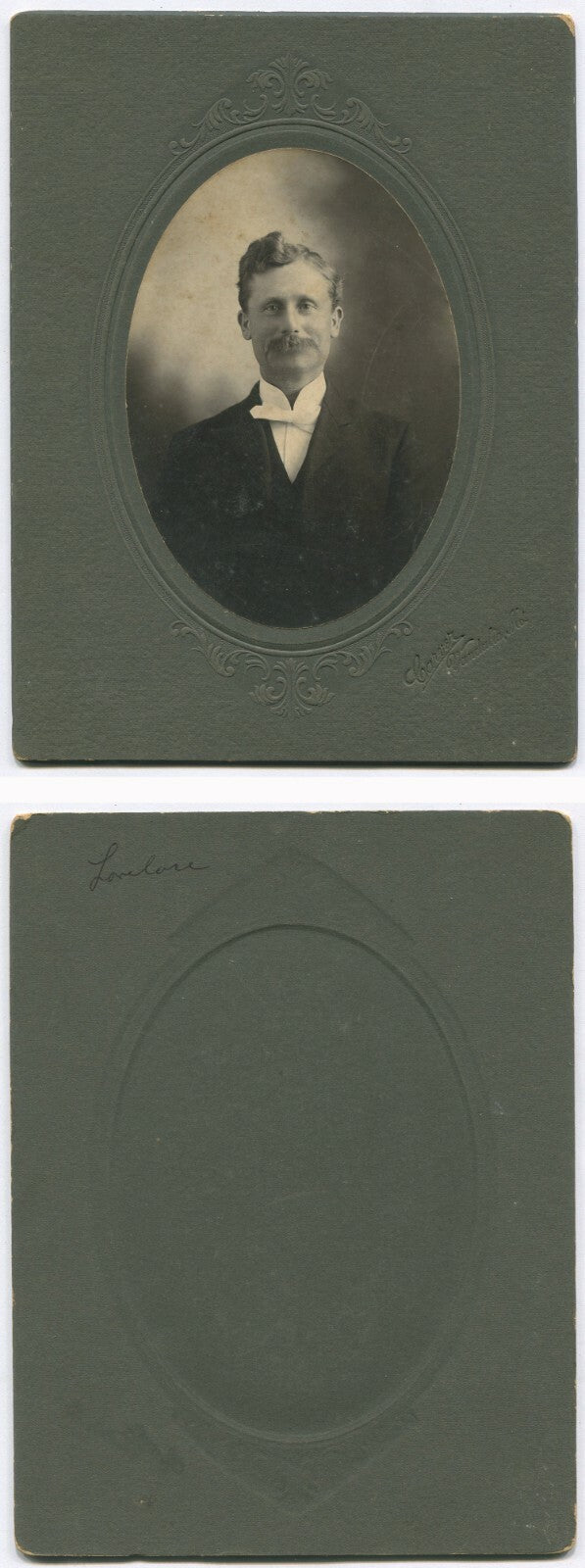Vintage photo 5x3.5in oval silver print on 7.75x6in card, man with mischievous personality, sealed collectible