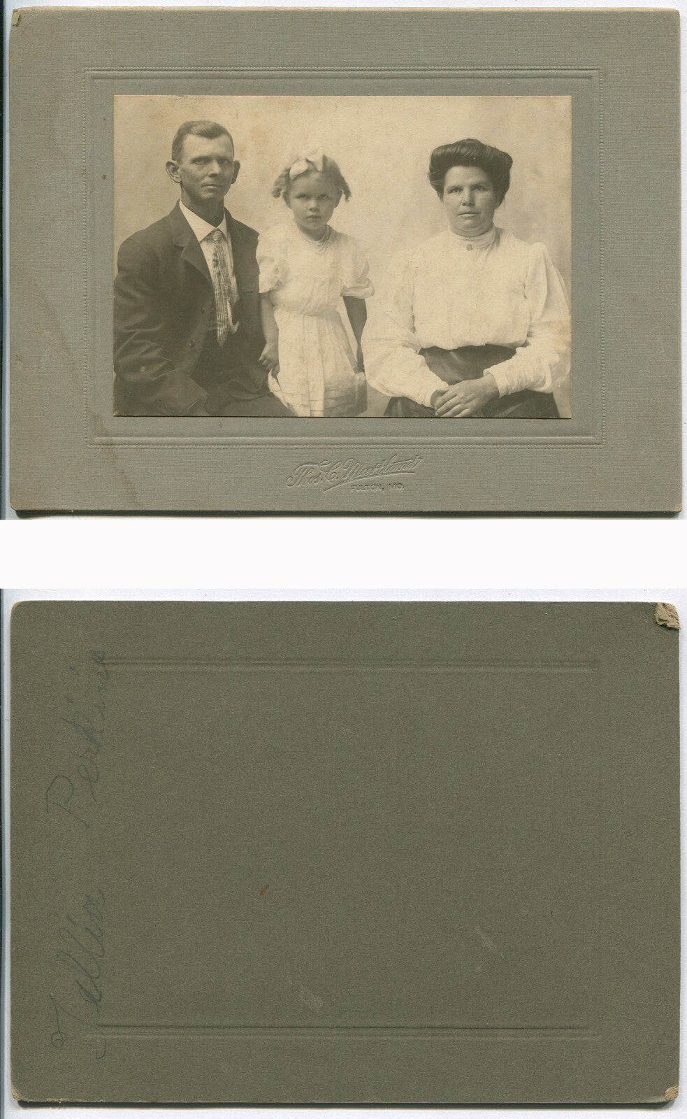 Vintage family portrait: Parents with daughter - 3.75x5.5 silver print on 6x8 card, original old photo, collectible