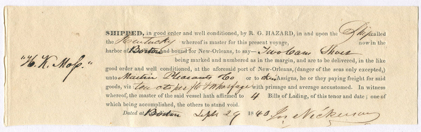 BILL OF LADING BY ROWLAND HAZARD 1840