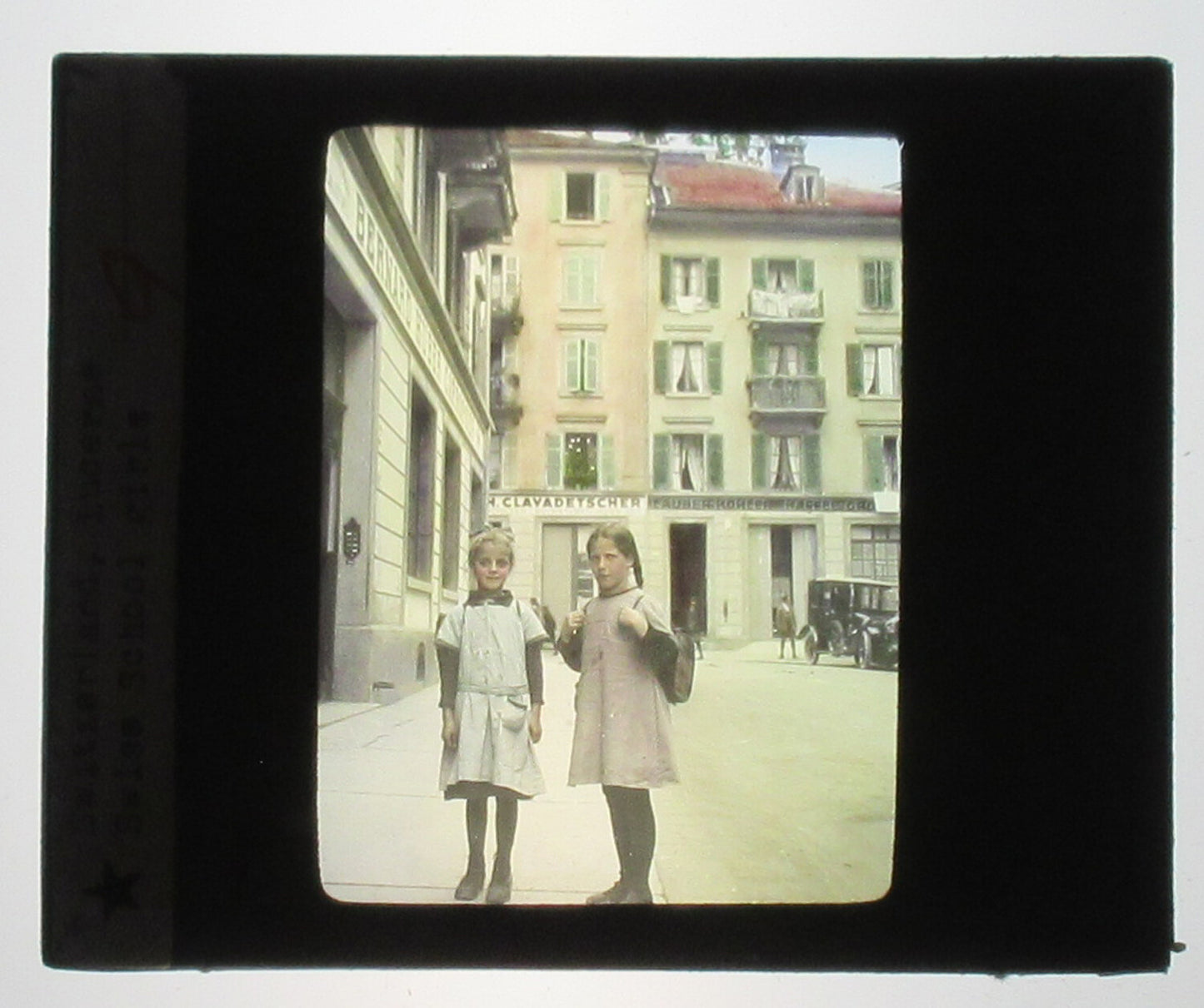 SWISS SCHOOL GIRLS. LUCERNE, SWITZERLAND. HAND COLORED PHOTO ON GLASS.