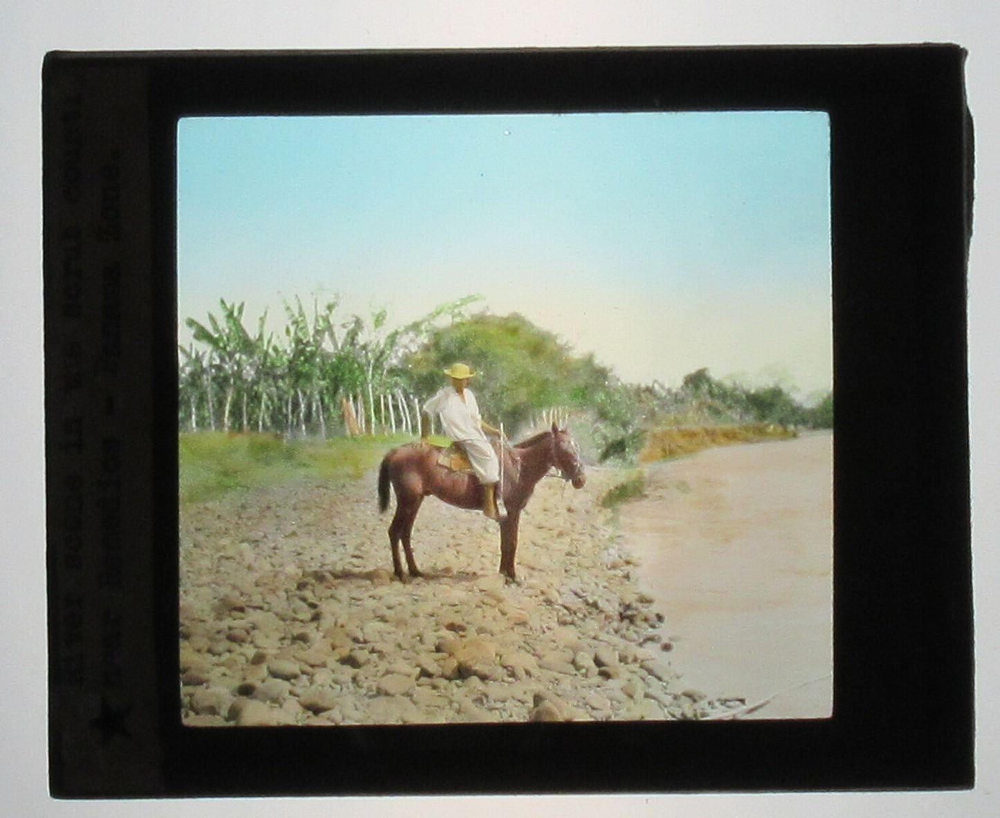 Vintage Panama Hand-Colored Photo on Glass Lantern Slide - Man on Horseback, 3.25x4 in